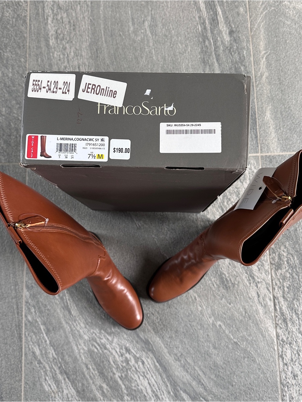 NIB Franco Sarto Cognac Wide Calf Merina Knee‑High Riding Boots 7.5 Equestrian - Picture 4 of 14